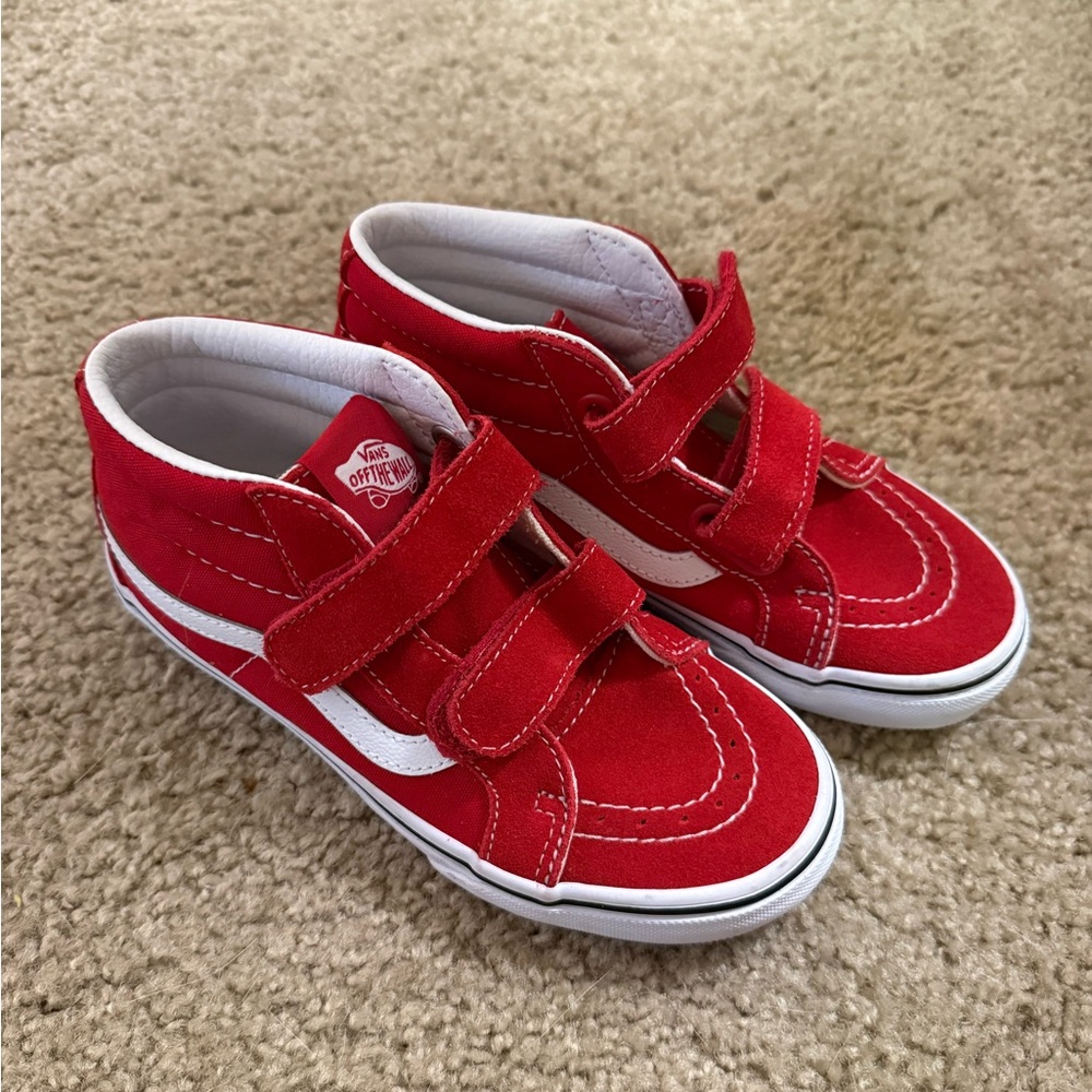 Kids Vans Classic Red and White High-Tops with Velcro Sz 1